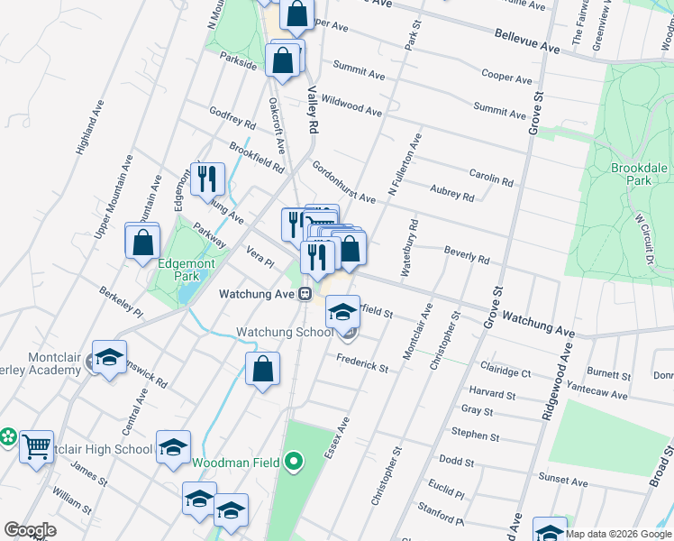 map of restaurants, bars, coffee shops, grocery stores, and more near 324 North Fullerton Avenue in Montclair