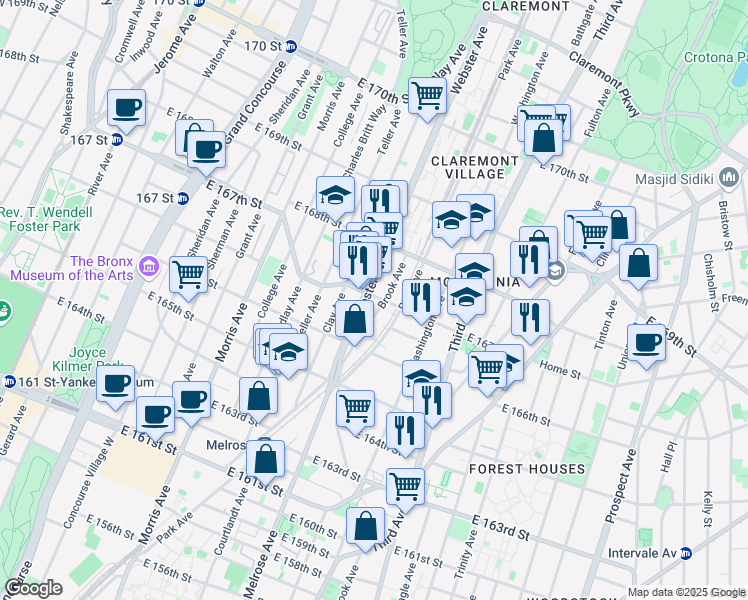 map of restaurants, bars, coffee shops, grocery stores, and more near 420 East 167th Street in The Bronx