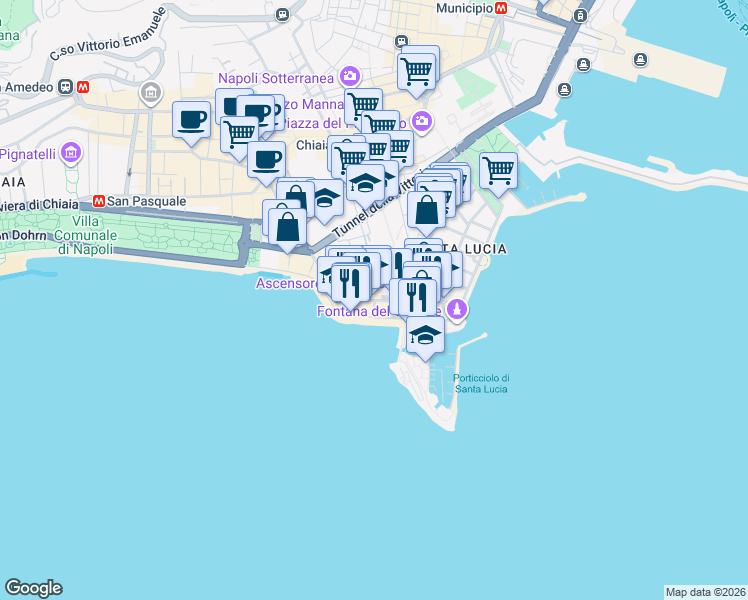 map of restaurants, bars, coffee shops, grocery stores, and more near 37 Via Partenope in Napoli