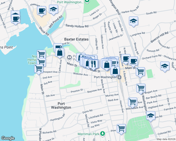 map of restaurants, bars, coffee shops, grocery stores, and more near 85 Webster Avenue in Port Washington