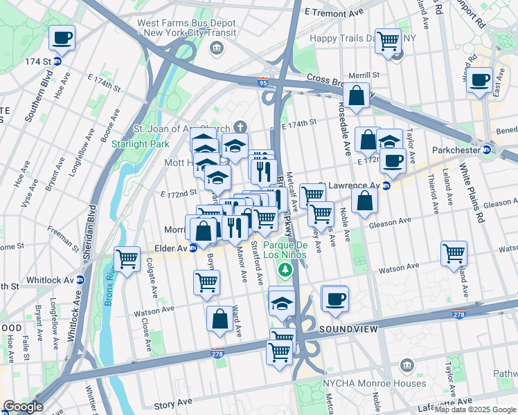 map of restaurants, bars, coffee shops, grocery stores, and more near 1215 Morrison Avenue in The Bronx