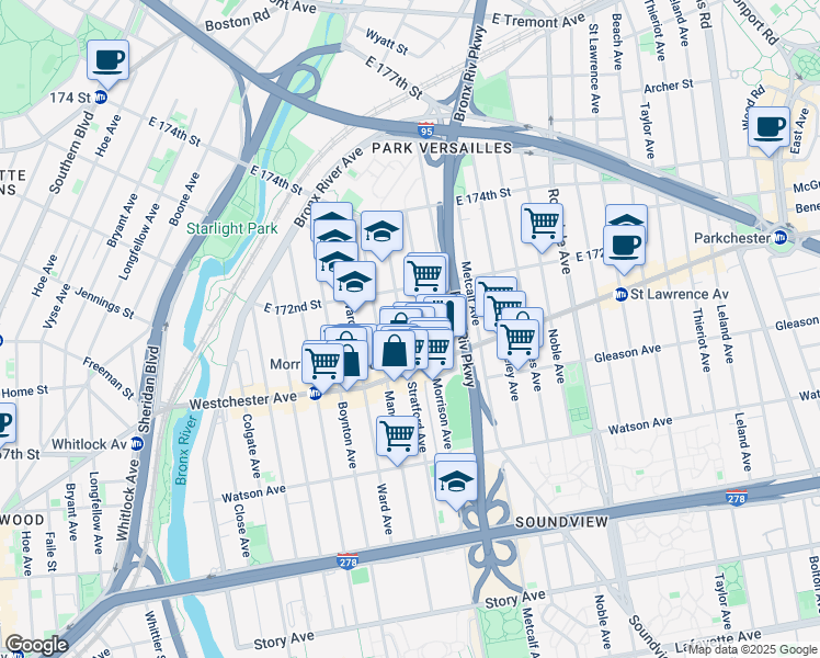 map of restaurants, bars, coffee shops, grocery stores, and more near 1620 Morrison Avenue in The Bronx