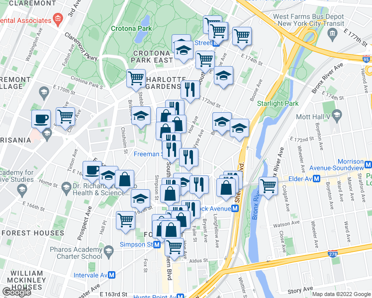 map of restaurants, bars, coffee shops, grocery stores, and more near 1235 Vyse Avenue in Bronx