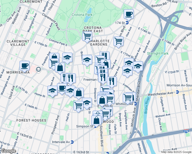 map of restaurants, bars, coffee shops, grocery stores, and more near 1253 Simpson Street in Bronx