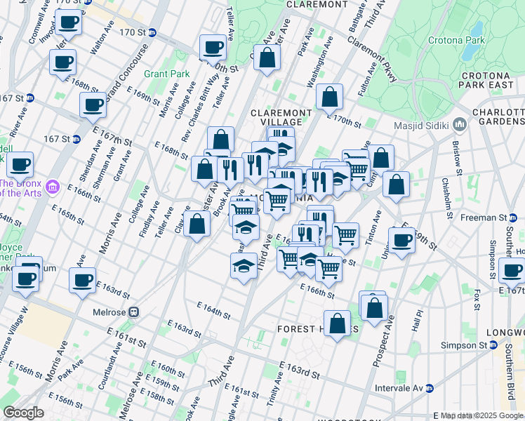 map of restaurants, bars, coffee shops, grocery stores, and more near 3475 3rd Avenue in Bronx