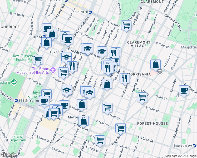 map of restaurants, bars, coffee shops, grocery stores, and more near 1109 Clay Avenue in The Bronx