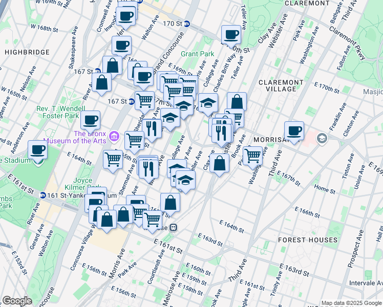 map of restaurants, bars, coffee shops, grocery stores, and more near 318 East 166th Street in The Bronx
