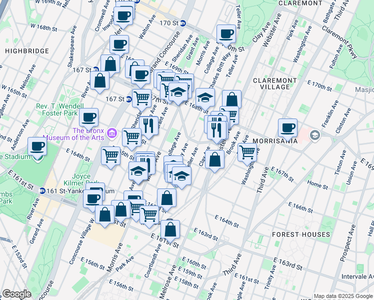 map of restaurants, bars, coffee shops, grocery stores, and more near 318 East 166th Street in The Bronx