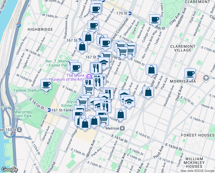 map of restaurants, bars, coffee shops, grocery stores, and more near in The Bronx