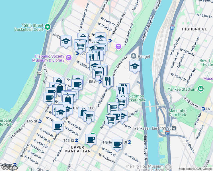 map of restaurants, bars, coffee shops, grocery stores, and more near 416 West 155th Street in New York