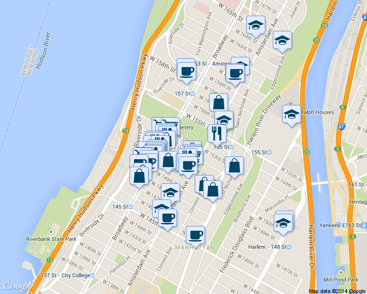 map of restaurants, bars, coffee shops, grocery stores, and more near 520 West 152nd Street in New York