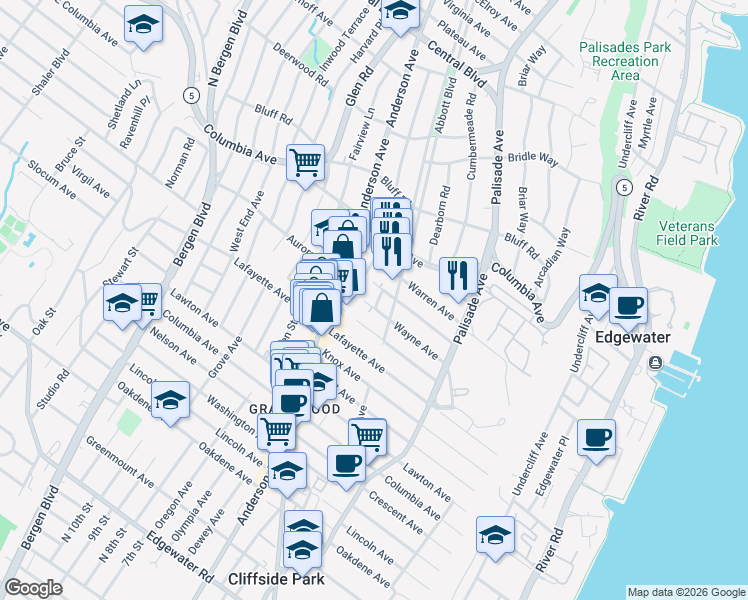 map of restaurants, bars, coffee shops, grocery stores, and more near 259 Railroad Avenue in Cliffside Park