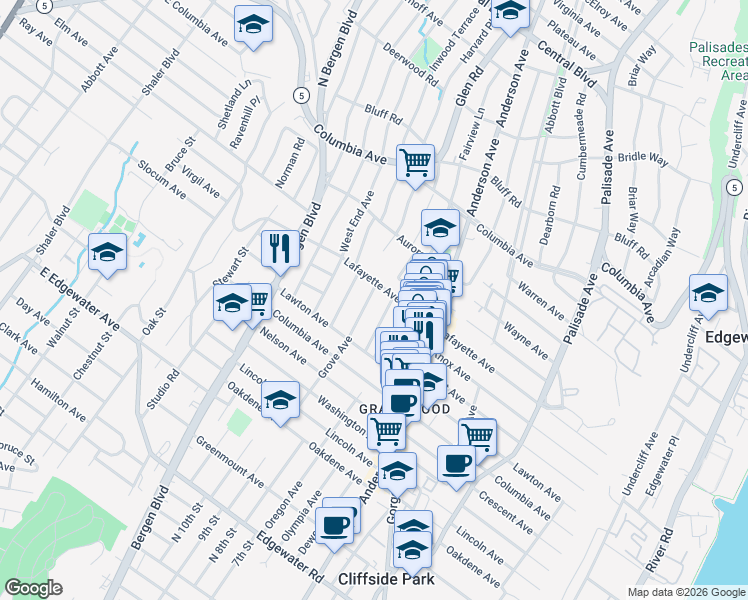 map of restaurants, bars, coffee shops, grocery stores, and more near 704 Grove Avenue in Cliffside Park