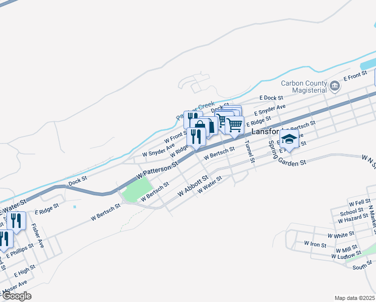 map of restaurants, bars, coffee shops, grocery stores, and more near 218 West Patterson Street in Lansford