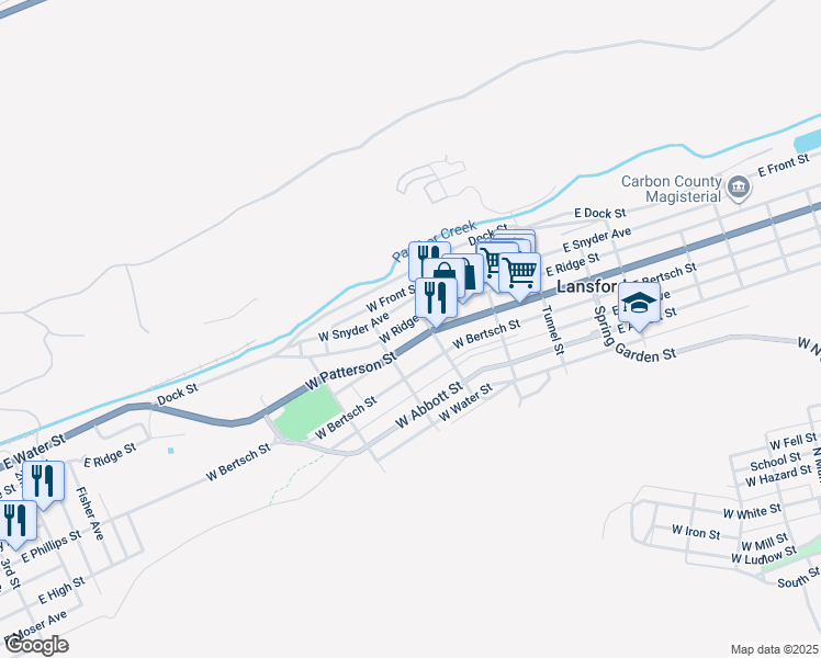 map of restaurants, bars, coffee shops, grocery stores, and more near 218 West Patterson Street in Lansford