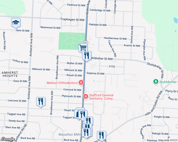 map of restaurants, bars, coffee shops, grocery stores, and more near 8000 Daytona Street Northwest in Massillon