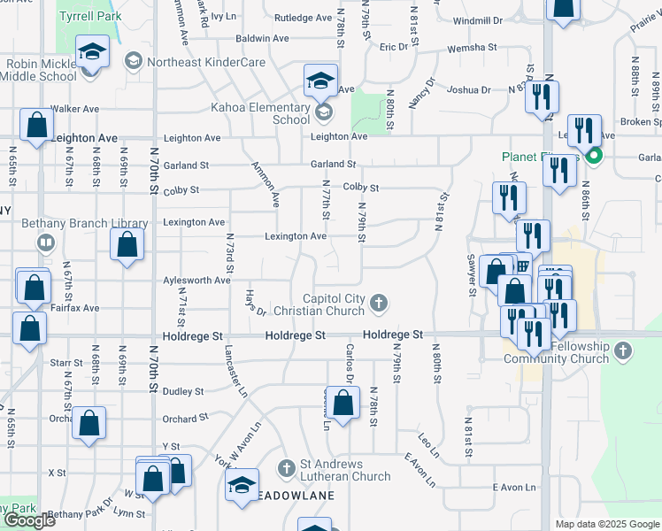 map of restaurants, bars, coffee shops, grocery stores, and more near 7620 Aylesworth Avenue in Lincoln
