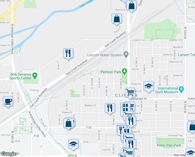 map of restaurants, bars, coffee shops, grocery stores, and more near 2284 Potter Street in Lincoln