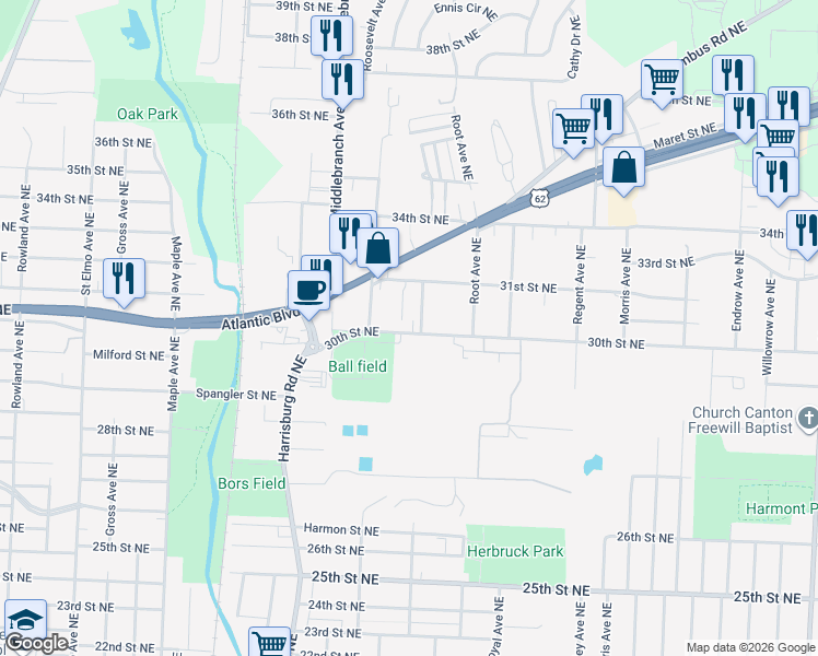map of restaurants, bars, coffee shops, grocery stores, and more near in Stark County