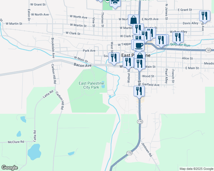 map of restaurants, bars, coffee shops, grocery stores, and more near 160 Park Drive in East Palestine
