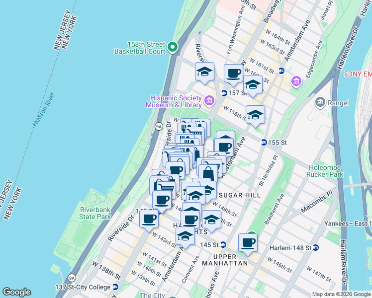 map of restaurants, bars, coffee shops, grocery stores, and more near 601 West 151st Street in New York