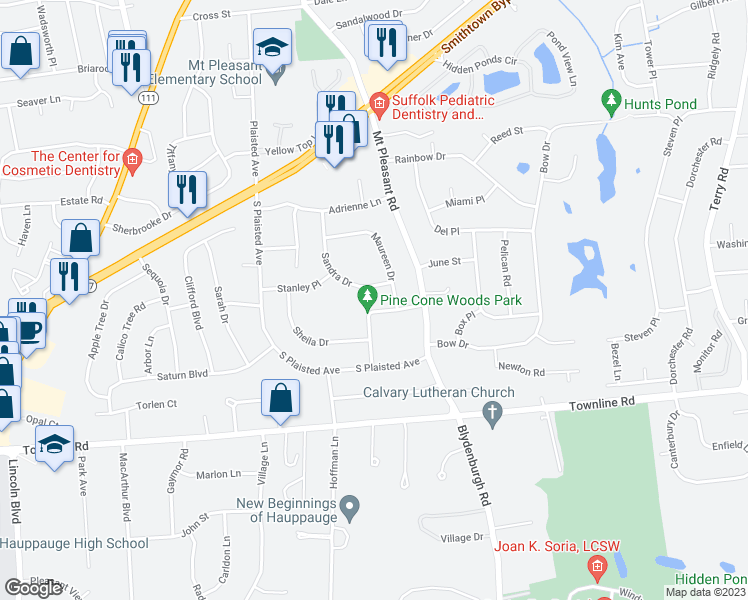 map of restaurants, bars, coffee shops, grocery stores, and more near 12 Garvey Drive in Hauppauge