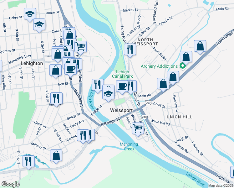 map of restaurants, bars, coffee shops, grocery stores, and more near 301 Prospect Street in Weissport