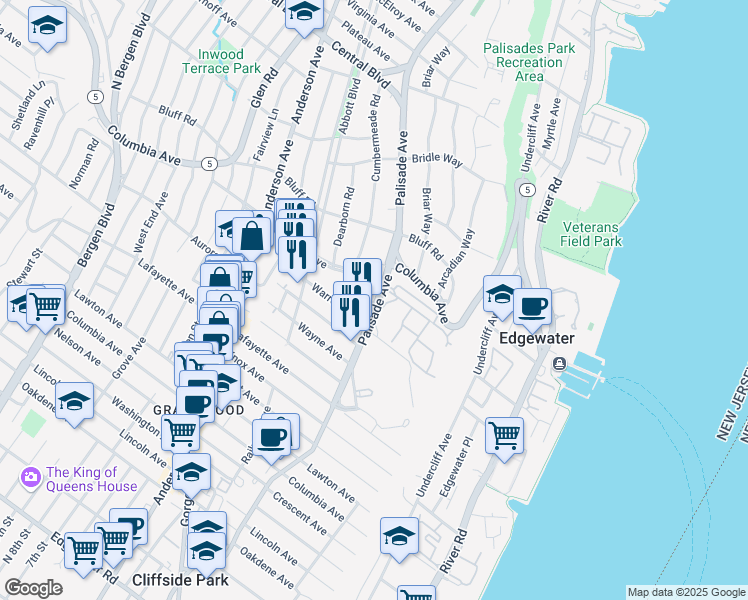 map of restaurants, bars, coffee shops, grocery stores, and more near 825 Palisade Avenue in Fort Lee