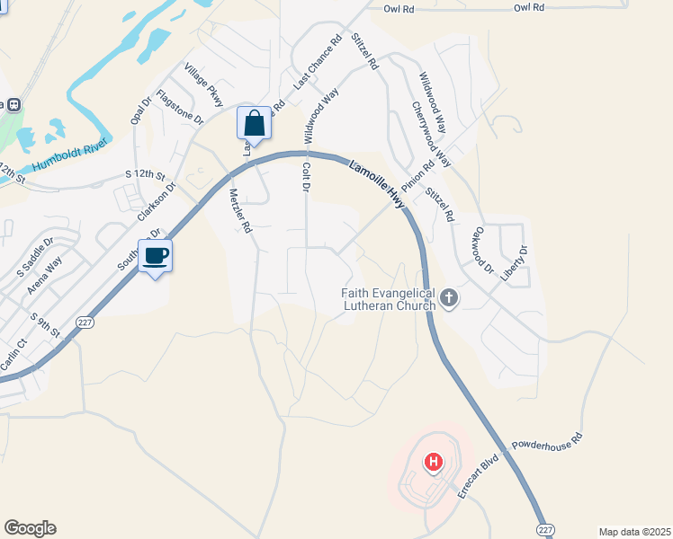 map of restaurants, bars, coffee shops, grocery stores, and more near 1801 Winchester Drive in Elko
