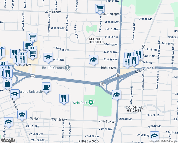 map of restaurants, bars, coffee shops, grocery stores, and more near 316 30th Street Northwest in Canton