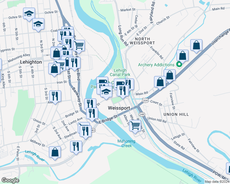 map of restaurants, bars, coffee shops, grocery stores, and more near 301 Prospect Street in Weissport