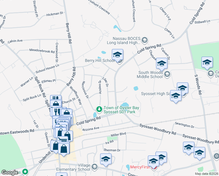 map of restaurants, bars, coffee shops, grocery stores, and more near 25 Lilac Drive in Syosset