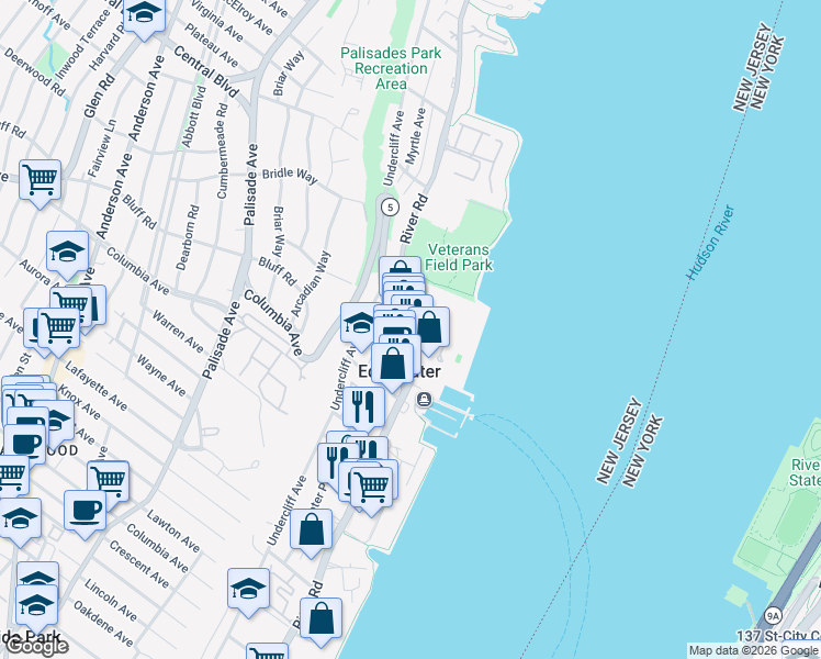 map of restaurants, bars, coffee shops, grocery stores, and more near 1034 River Road in Edgewater