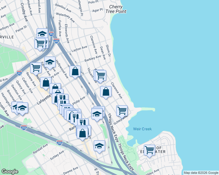 map of restaurants, bars, coffee shops, grocery stores, and more near 733 Wilcox Avenue in Bronx