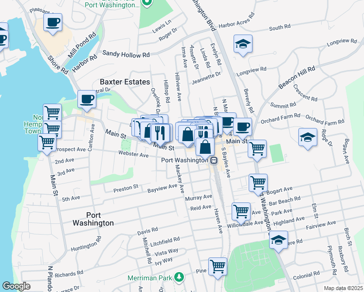 map of restaurants, bars, coffee shops, grocery stores, and more near 118 Main Street in Port Washington