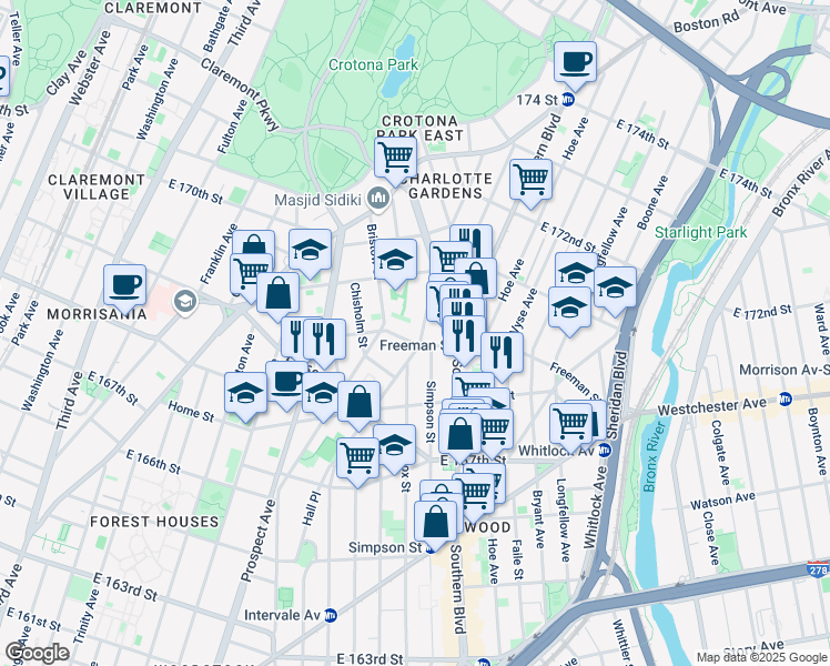 map of restaurants, bars, coffee shops, grocery stores, and more near 1305 Intervale Avenue in Bronx