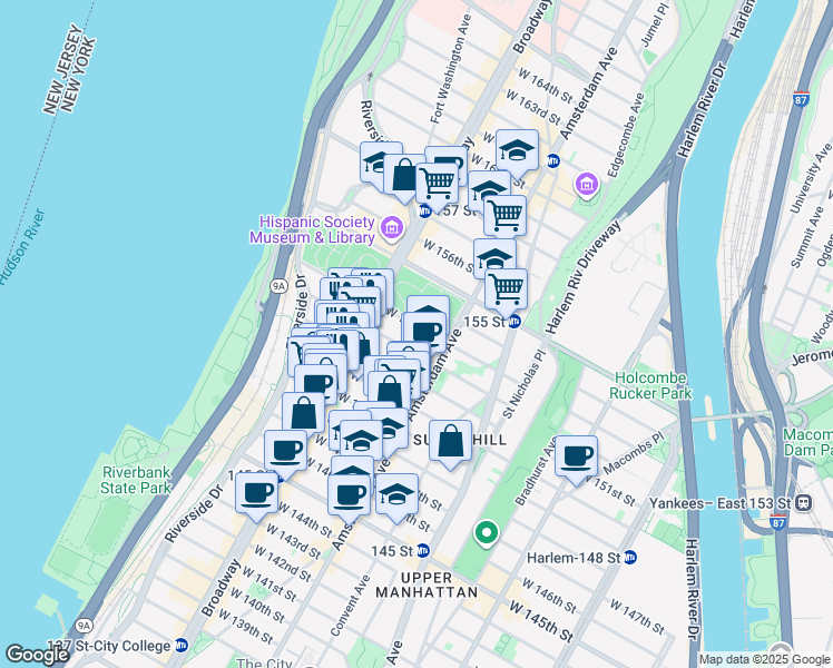 map of restaurants, bars, coffee shops, grocery stores, and more near 520 West 152nd Street in New York