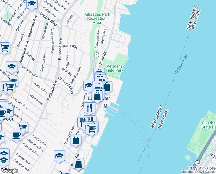 map of restaurants, bars, coffee shops, grocery stores, and more near 1033 River Road in Edgewater