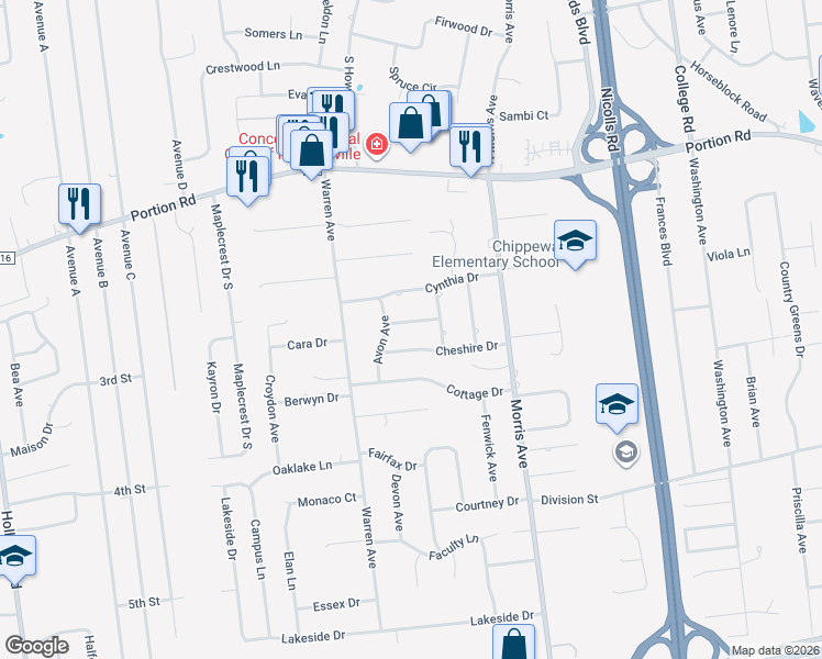 map of restaurants, bars, coffee shops, grocery stores, and more near 21 Cheshire Drive in Farmingville