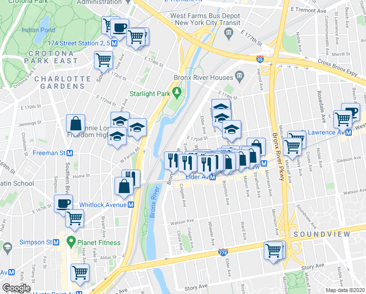 map of restaurants, bars, coffee shops, grocery stores, and more near 1265 Evergreen Avenue in The Bronx