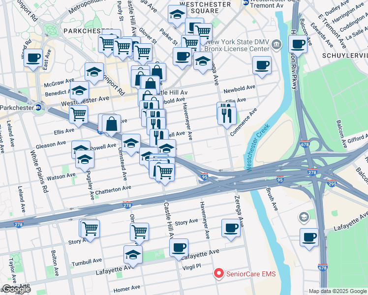 map of restaurants, bars, coffee shops, grocery stores, and more near 2256 Haviland Avenue in Bronx