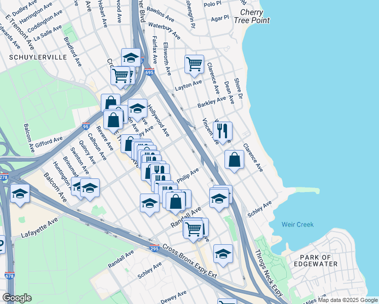 map of restaurants, bars, coffee shops, grocery stores, and more near 839 Throgs Neck Expressway in Bronx