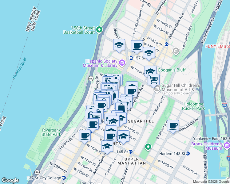 map of restaurants, bars, coffee shops, grocery stores, and more near 569 West 150th Street in New York