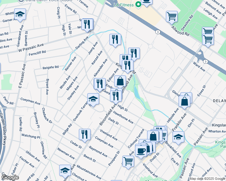 map of restaurants, bars, coffee shops, grocery stores, and more near 14 Laura Avenue in Nutley
