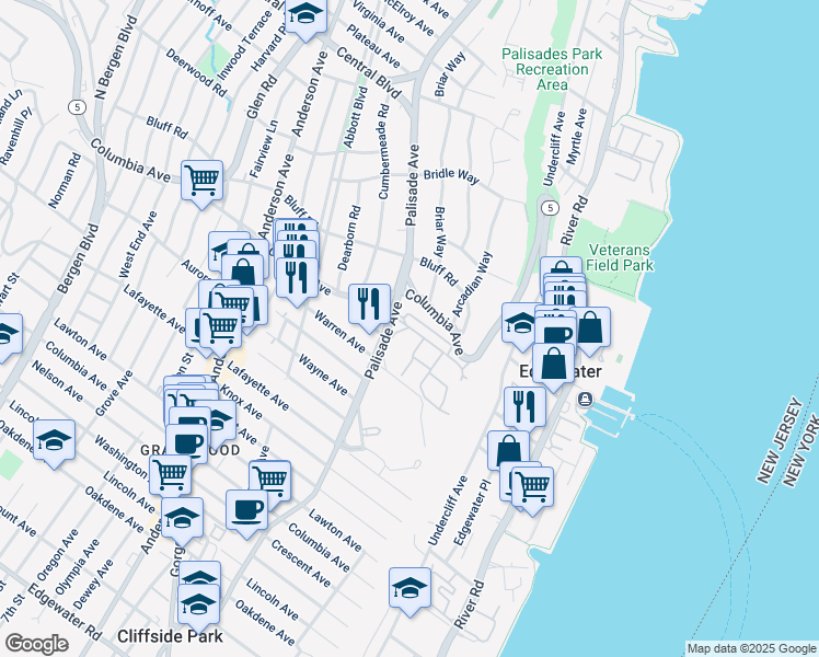 map of restaurants, bars, coffee shops, grocery stores, and more near 189 Kensington Drive in Fort Lee
