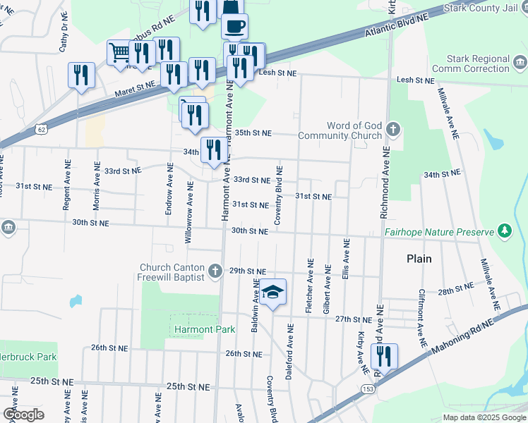 map of restaurants, bars, coffee shops, grocery stores, and more near 3427 30th Street Northeast in Canton