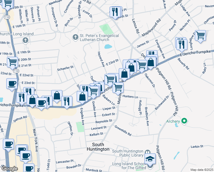 map of restaurants, bars, coffee shops, grocery stores, and more near 340 East Jericho Turnpike in Huntington Station
