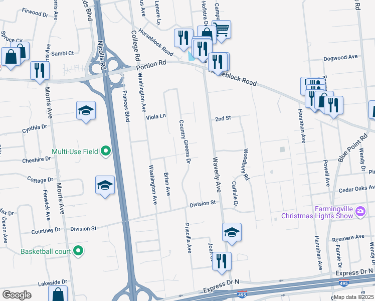 map of restaurants, bars, coffee shops, grocery stores, and more near 20 Country Greens Drive in Holtsville