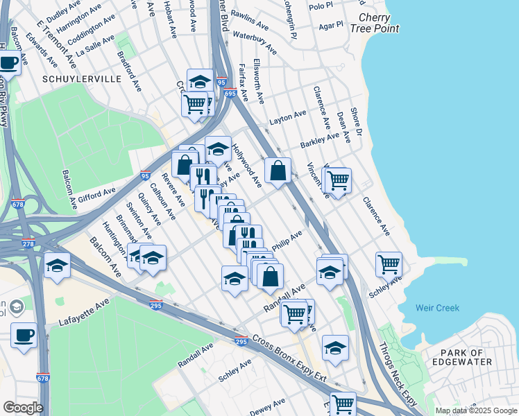 map of restaurants, bars, coffee shops, grocery stores, and more near 842 Logan Avenue in Bronx