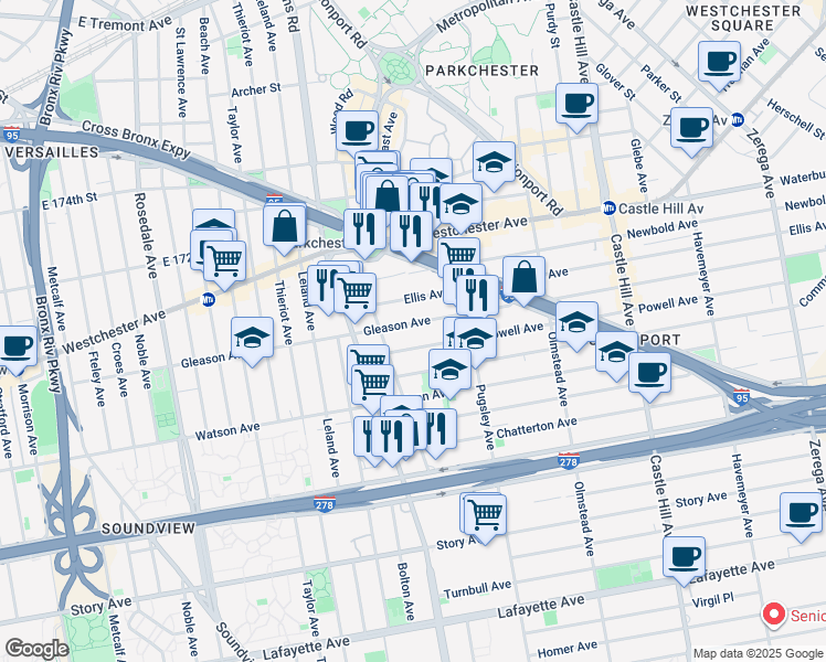 map of restaurants, bars, coffee shops, grocery stores, and more near 1925 Powell Avenue in Bronx